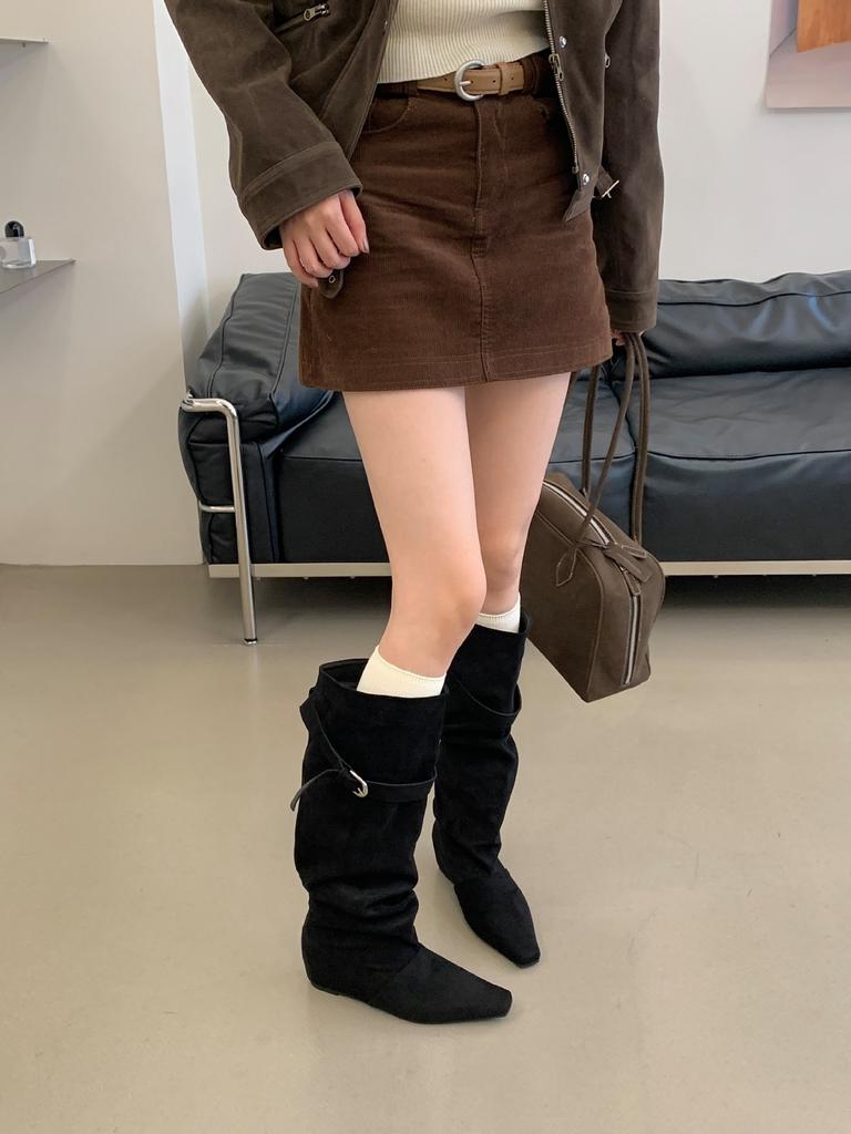 Pile boots women's knight boots retro suede inner height increase square head new fold tall women's boots