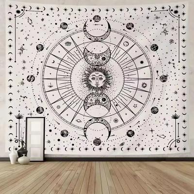 VIKAMA tapiz psicodélico bohemio de poliéster blanco y negro geométrico sol luna estrella colgante de pared dormitorio decoración del hogar