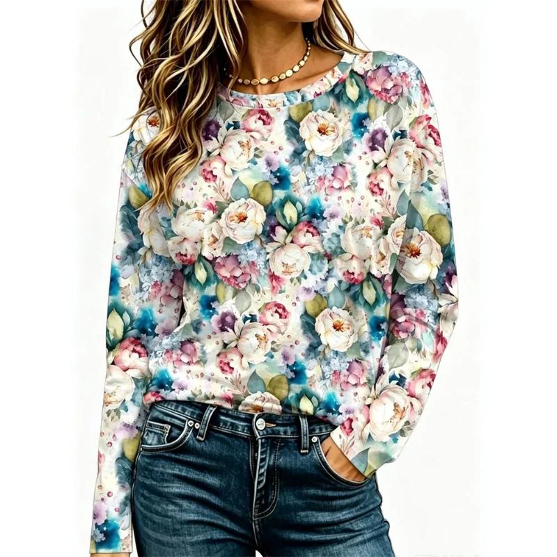 Fashion Women's Crew Neck Long Sleeve 3D Casual Color Printing Casual Long Sleeve Crew Neck T-Shirt