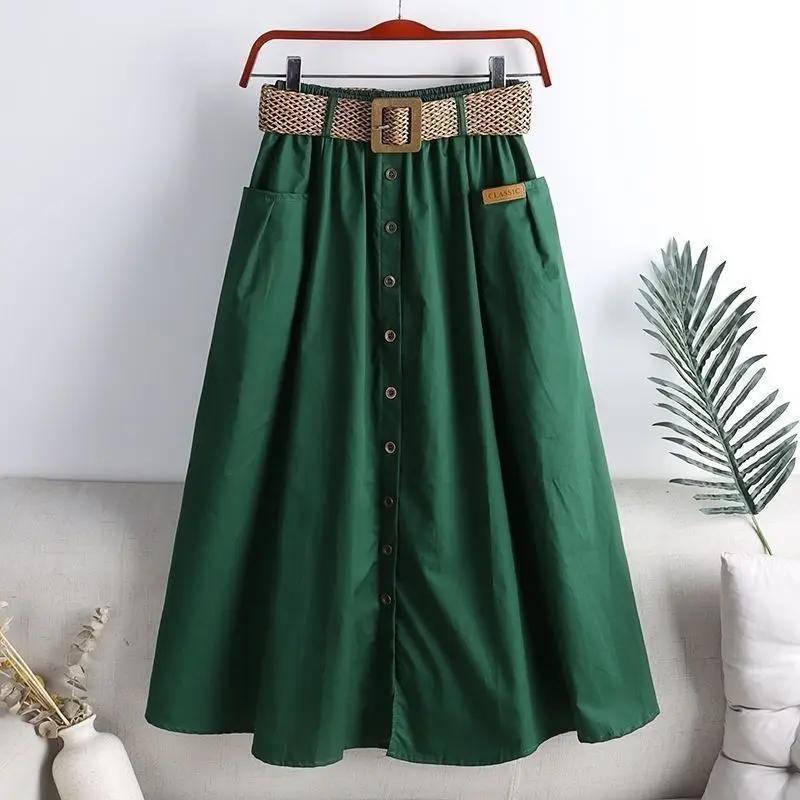 Summer High Waist Midi A-Line Skirt With Belt  Elastic Waist Pocket Design Slimming Pure Color Split Half Body Skirts for Women