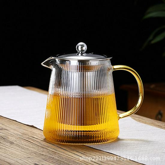 High-Temperature Resistant Glass Teapot with Vertical Pattern and Stainless Steel Filter for Brewing Scented Tea