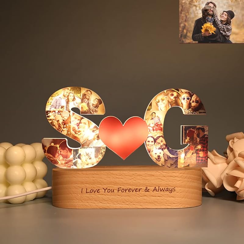 Personalized Alphabet Heart Photo Lights, Letter Collage Heart Night Lamp Bedside Table Lamp, Photo Frame Collage for Family Pictures Gift for Mom