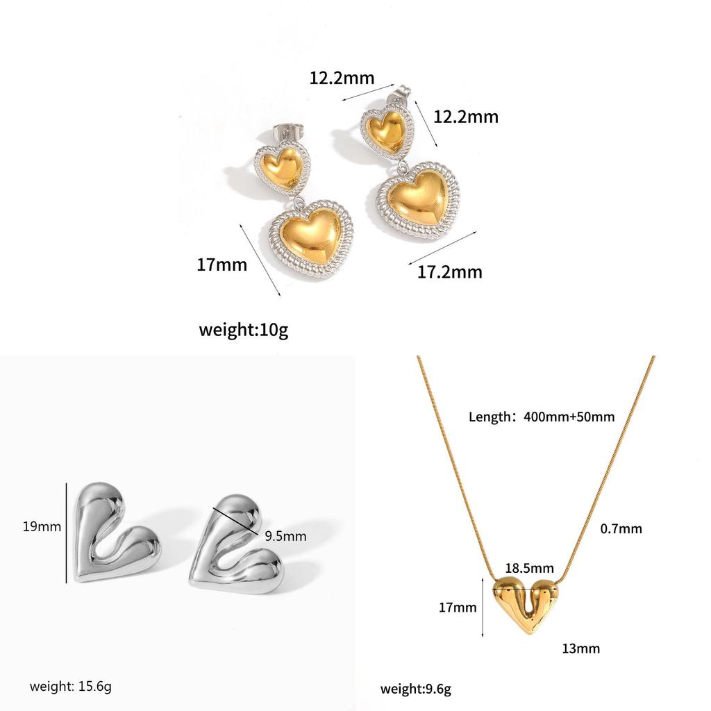 Stainless Steel Heart Layered Earring Set With Geometric Pendant For Women