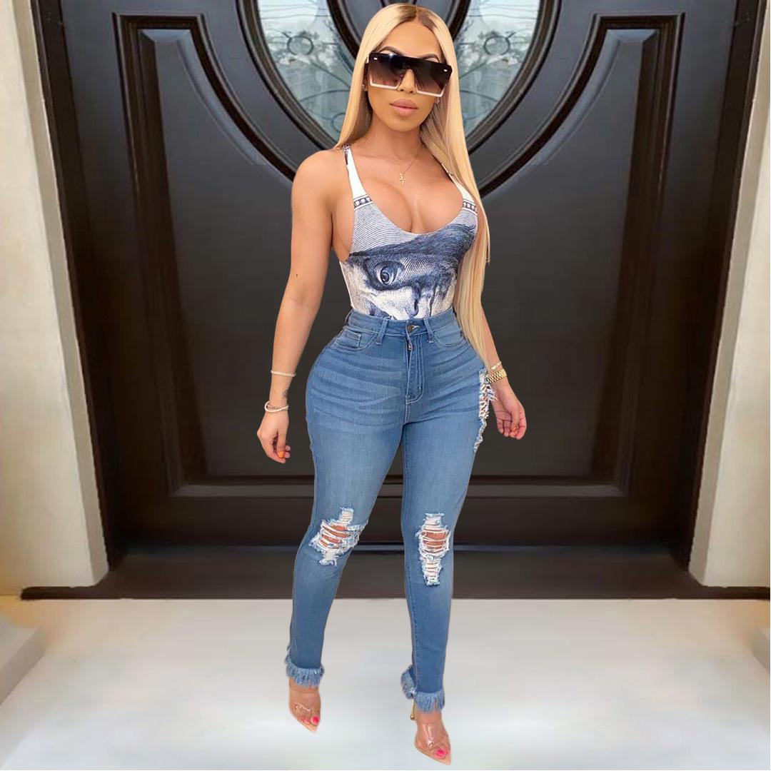 Washed Ripped Stretch Fringed Women s Jeans - European & American Style L