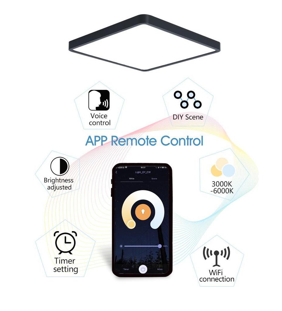 Nordic Luxury Smart Graffiti Ceiling Light, White Wood Grain, 36W, Remote-Controlled, Square Design.