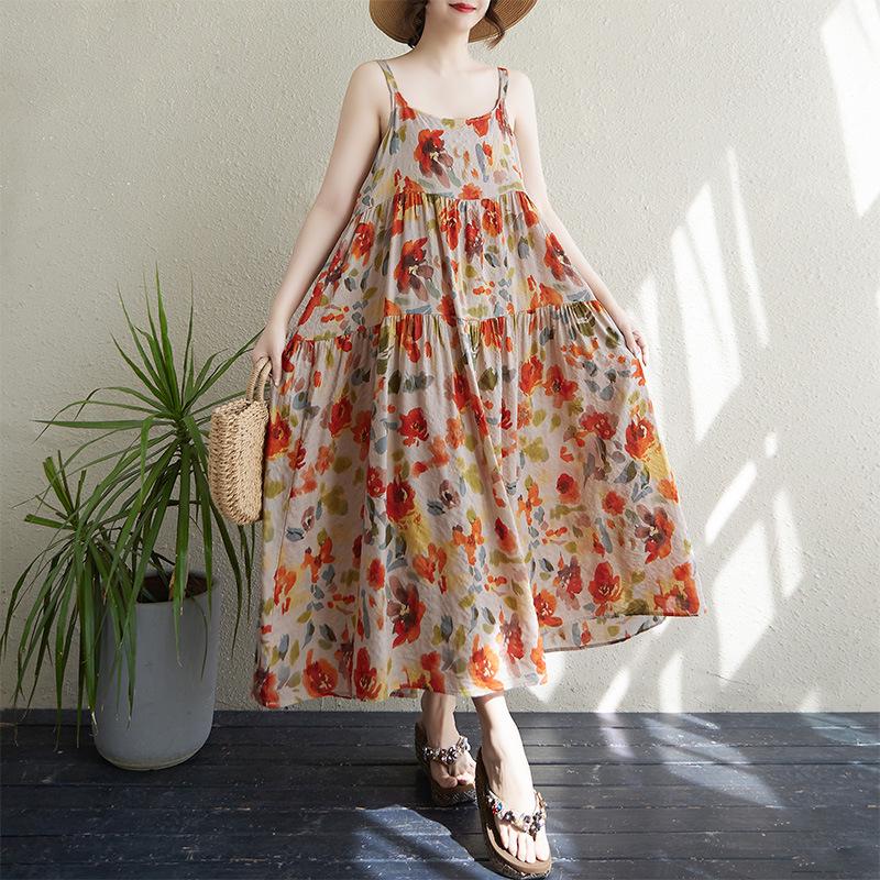Summer Thin Print Patchwork Maxi Dress with Loose Slimming Fit and Large Hem