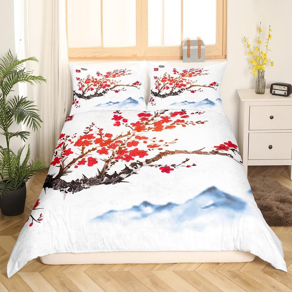 Cherry Blossoms Duvet Cover King for Women Ink Painting Black White Comforter Cover Romantic Theme Bedding Set with 2 Pillowcase