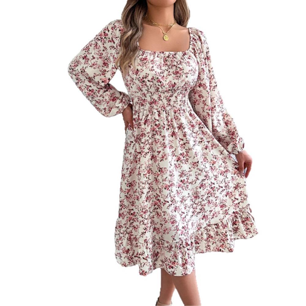 Fashion Women's Dresses Elegant Floral Square Neck Long Sleeve Waisted Ruffle A-line Dresses