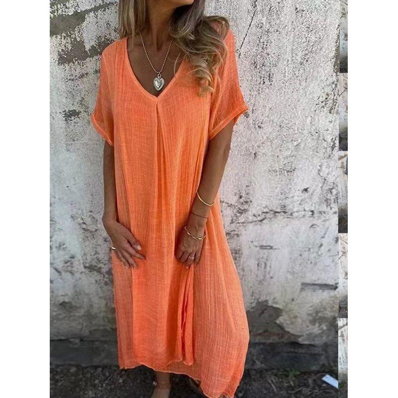 Short Sleeve V-neck Solid Color Dress Women's Short Sleeve V Neck Pure Color Dress