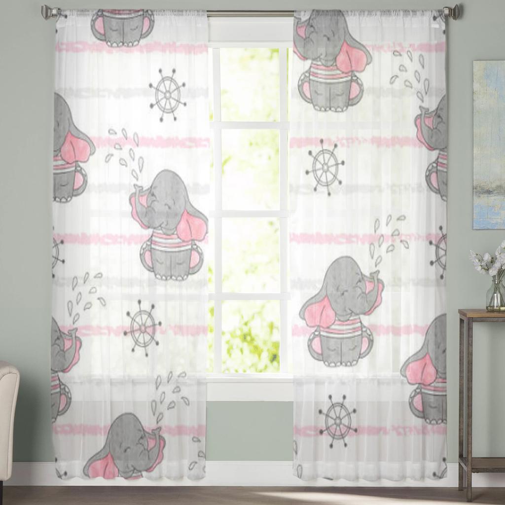 Niedliche Matrosen-Elefanten Tüllvorhänge für Wohnzimmer Schlafzimmer Weihnachten Chiffon Transparent Voile Küchenvorhang