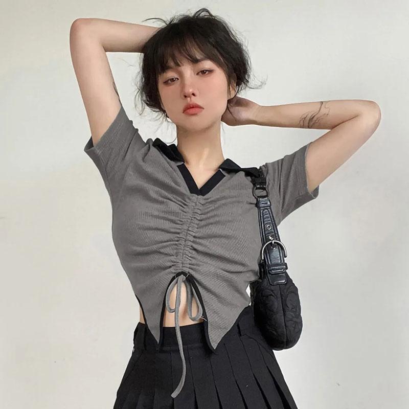 Short Slim Top for Women Vintage V-neck Drawstring Pleated Short Sleeve Top Summer Sexy Irregular T-shirt Gothic Korean Crop Top