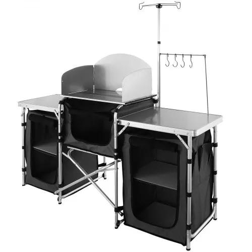 VEVOR Camping Kitchen Table, Folding Outdoor Cooking Table with Storage Carrying Bag, Aluminum Cook Station 3 Cupboard & Detachable Windscreen