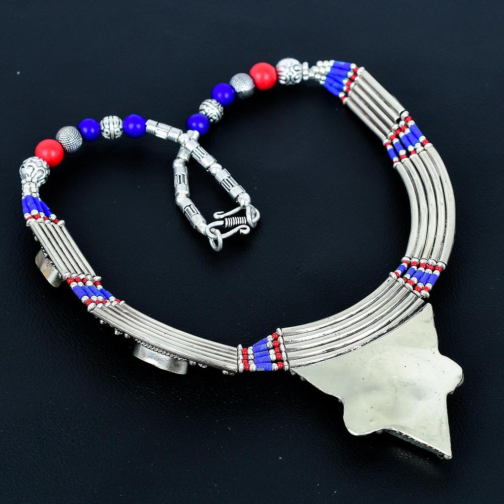 Lapis Lazuli, Coral 925 Sterling Silver Necklace Tibetan Silver Necklace Bohemian Antique Necklace Handmade Jewelry Nepali Necklace Gift For Wife