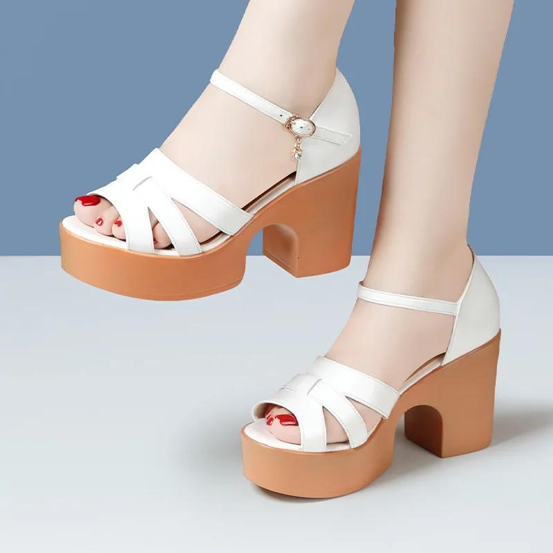 7cm 9cm Comfortable Quality Genuine Leather Sandals Women Summer 2025 Block High Heels Sandals Platform Shoes Office Mom Model