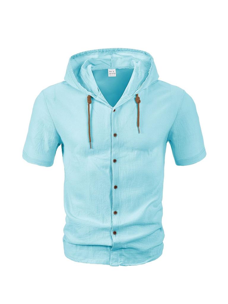 American Linen Men's Shirt, Fashionable and Casual Summer Breathable Thin Hooded Short-sleeved Cardigan Jacket