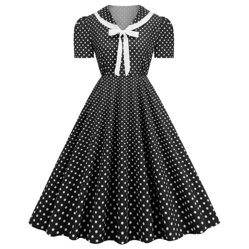 Vintage women's V-neck short-sleeved bow strap polka dot plaid vintage big swing skirt