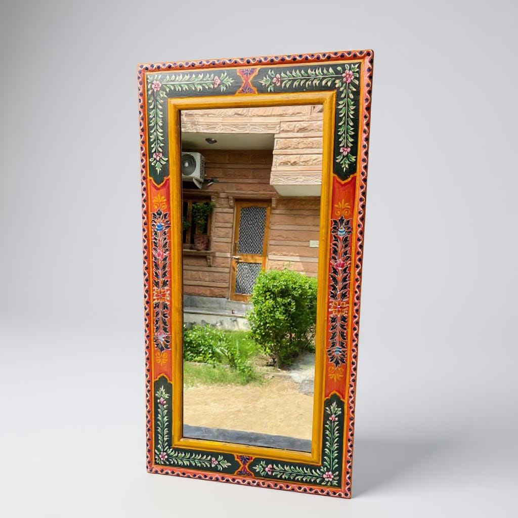 Wood Painted Wall Bedroom Mirror With Glass | Living Room Wall Hanging Mirror Fram | Wood Mirror with Ethnic Floral Design Traditional Wall