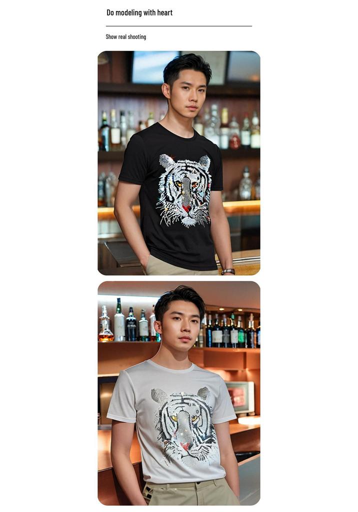 2026 Men's Slim Fit Short Sleeve T-Shirt with Rhinestone Tiger Head Design - Silk Cotton, Trendy, Plus Size Available