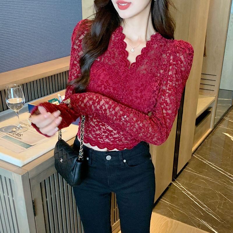 Fall and Winter New Arrival Women's Clothing All-Matching Slim Fit Slimming V-Neckline Long Sleeves Lace Shirt Women's Lace Cut Out Bottoming Shirt