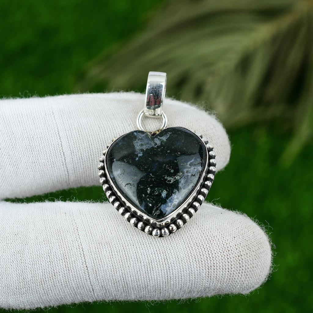 Natural Solar Moss Agate Gemstone Pendant 925 Sterling Silver Indian Jewelry