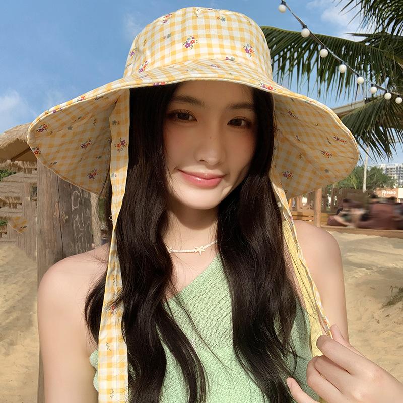 Dam Blommig Rutig Fiskarhatt Sommar Bred Brätte Solskydd Snörning Hinkhatt Koreansk Tjej Söt Blomma Strand Resa Hinkhattar