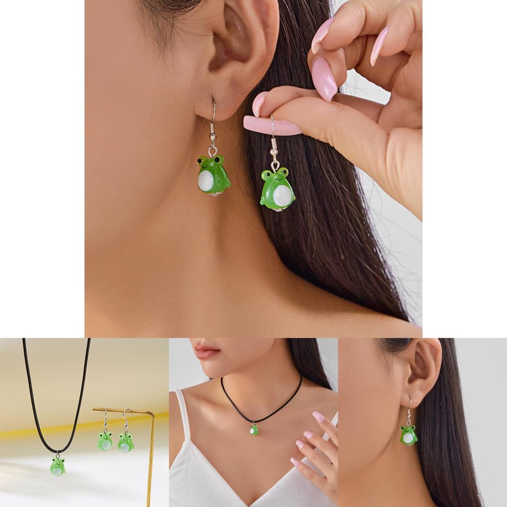 Cute Frog Glass Pendant Necklace With Matching Earrings And Pearl Chain For Fashion Accessories