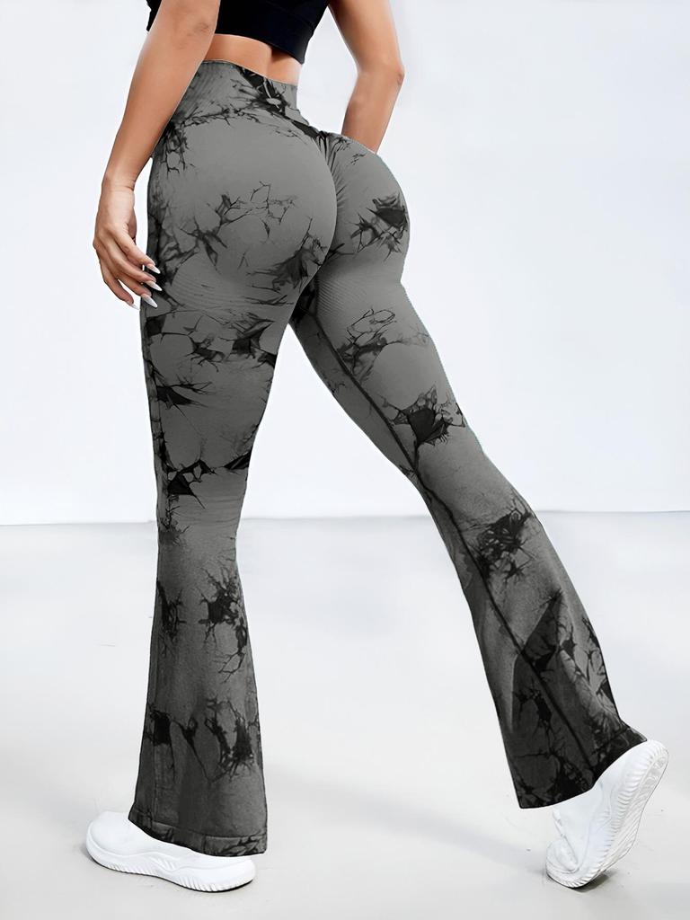 Damen High-Waist Batik Schlag-Yoga-Hose - Pfirsich Po, Atmungsaktiv, Schlankmachend, Weitbeinige Fitness-Tights