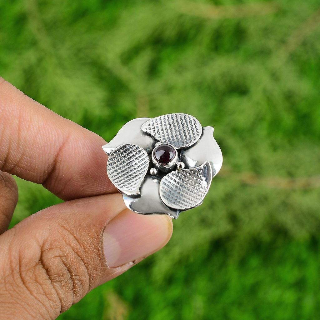 925 Silver Tourmaline Gemstone Wife Boho Flower Promise October Birth Bezel Ring