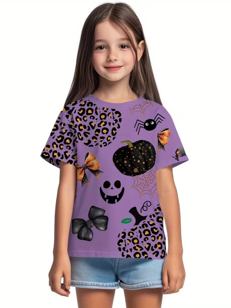 T-Shirt for Girls Halloween Cartoon Pumpkin Print Round Neck Short Sleeve Tops Fashion Girls Clothes Holiday Children's Clothing