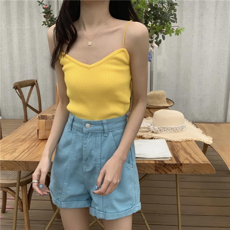 Korean Style Slim Fit Vertical Stripe Knit Vest - Women's Summer Solid Color Thin Strap Base Layer