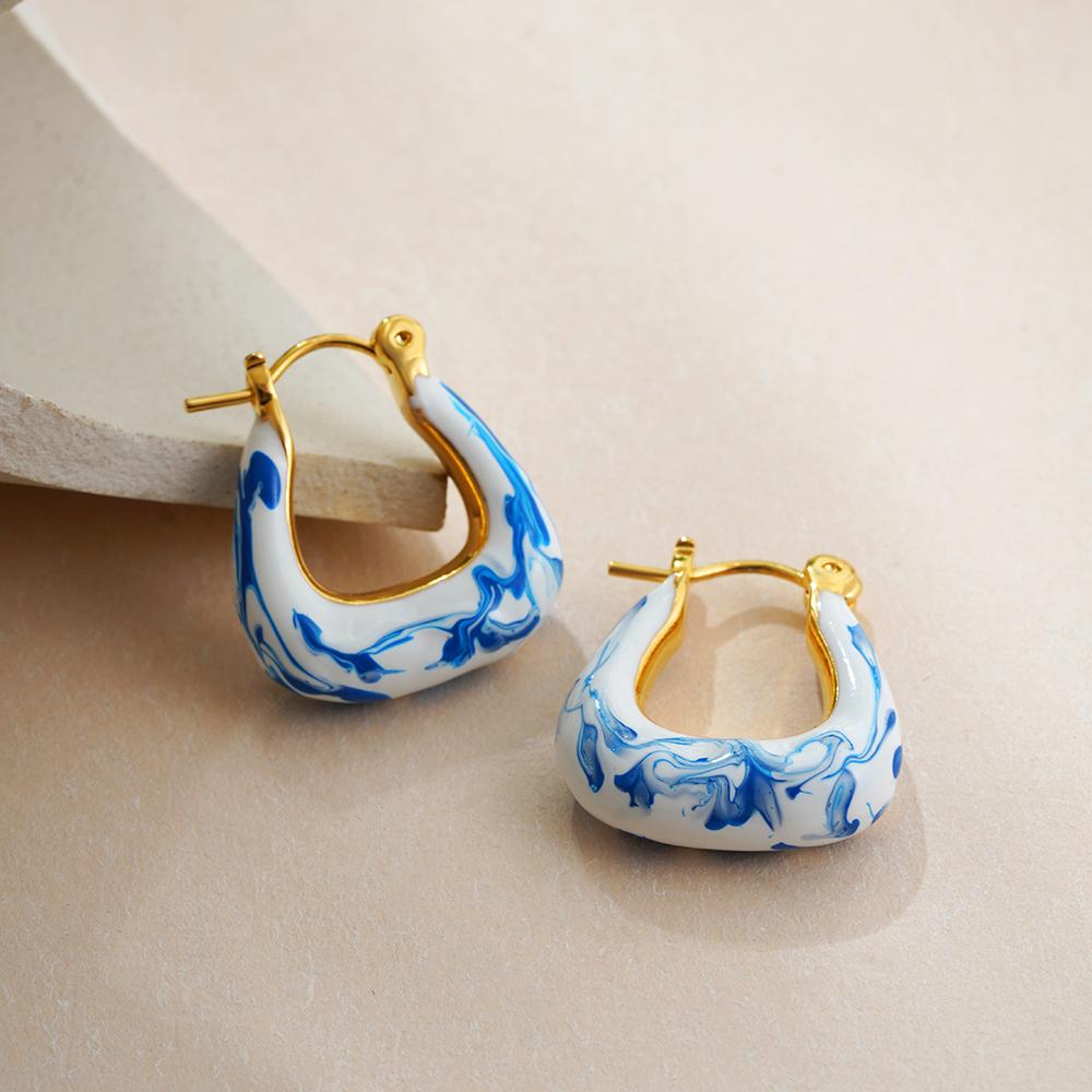 Vintage Ceramic Porcelain Blue White Enamel Hoop Earrings for Women Fashion Geometry U Shape Ear Buckle Pendientes Gift