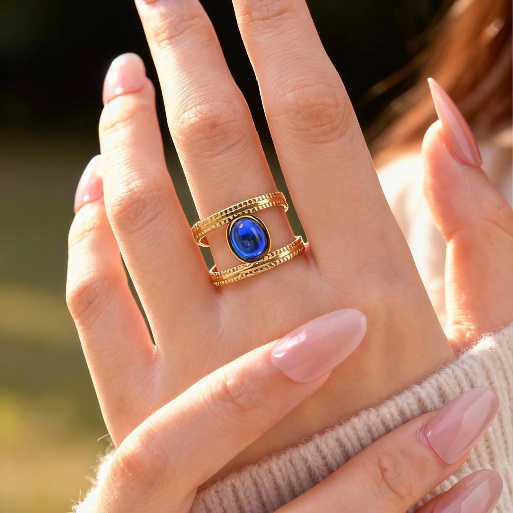 Waterproof Stainless Steel Rings for Women, Double Layered Open Adjustable Oval Nature Stone Bohemian Stylish Fashion Jewelry