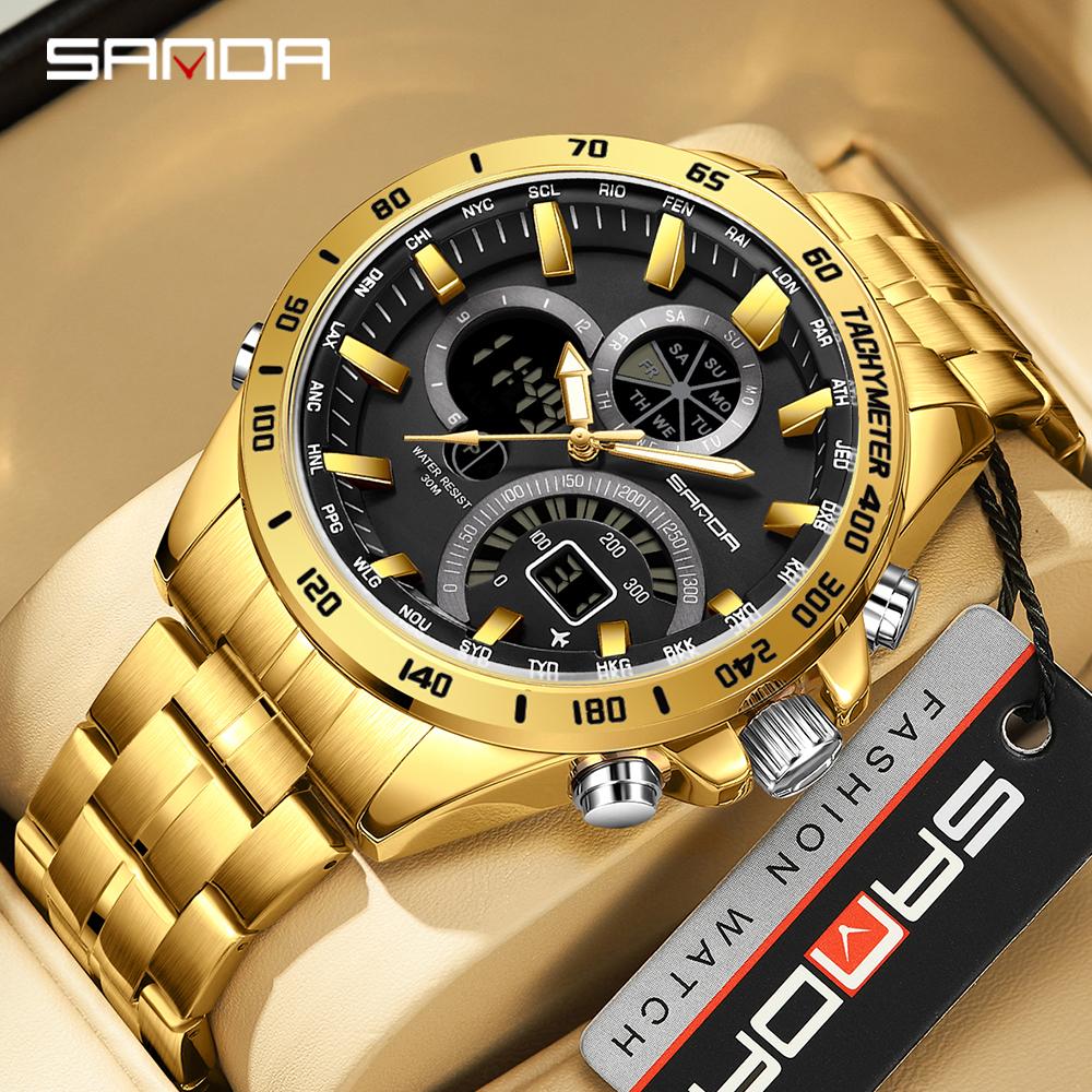 SANDA brand 3175 men's electronic quartz watch steel core black technology multifunctional waterproof men's quartz watchv