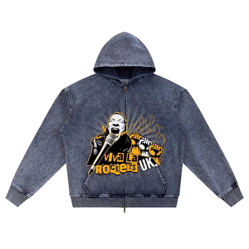 

DTG print Knitted Denim Zip-Up Hoodie Viva La Rockers Brother Print Zipper Hoodies XL темно-синий