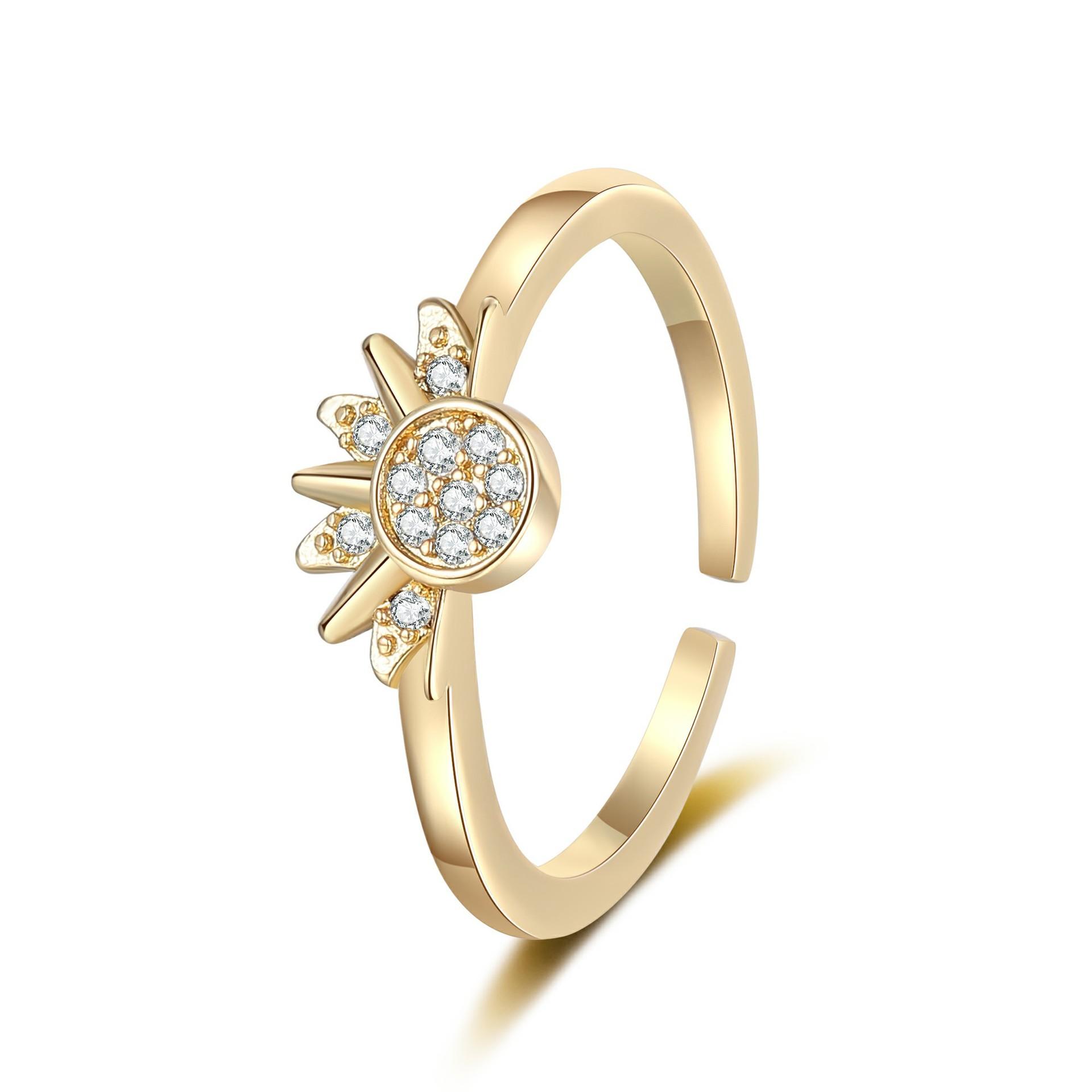 2026 Personalized Simple Sun and Moon with The Same Light Stacked Ring Female Diamond Sun and Moon Couple Ring Resizable