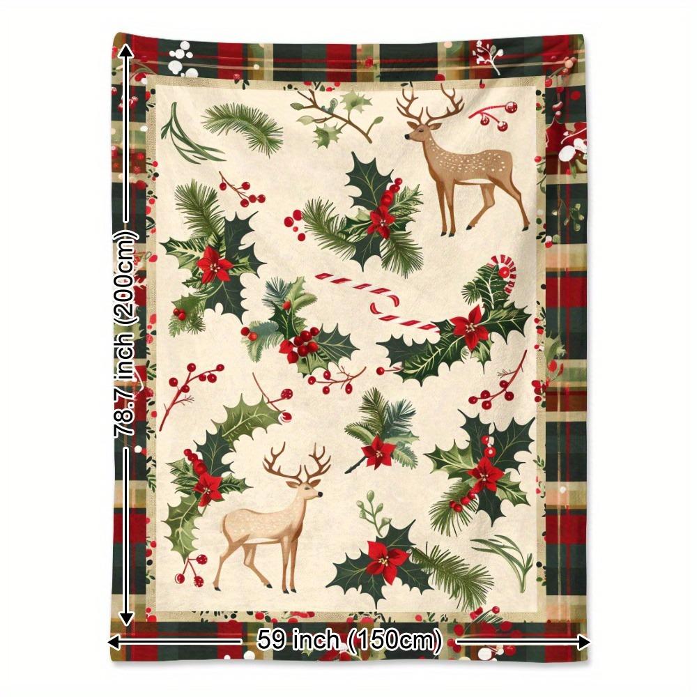 

Cozy Christmas Blanket with Vintage Buffalo Plaid Holly & Reindeer Design Soft Flannel Throw for Naps Camping Travel & Home Gift 30x40in