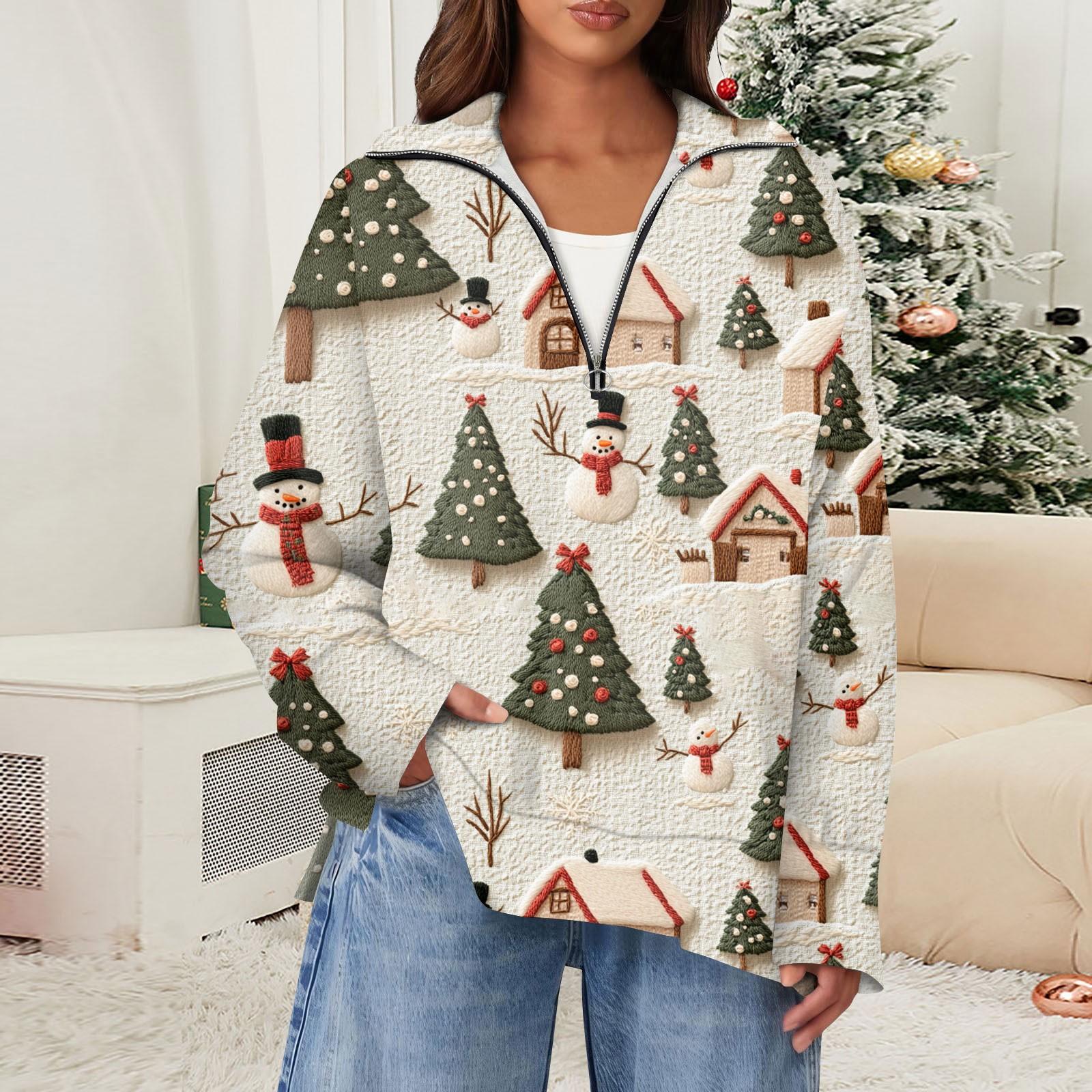 

Жіночий повсякденний пуловер із різдвяним принтом із напівзастібкою-блискавкою Модний одяг із верхнім розрізом XL бежевий