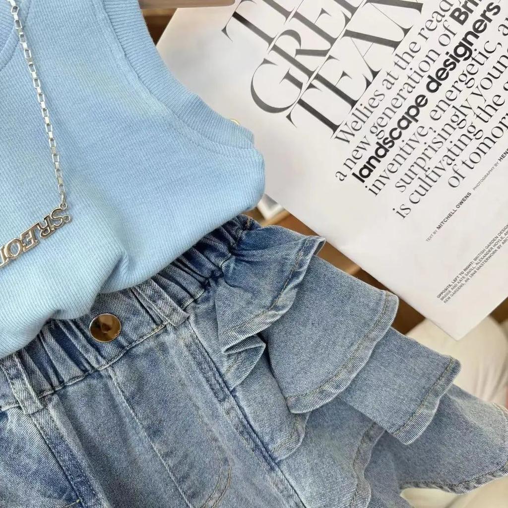 Girls' Summer Set Korean Sleeveless Vest Solid Color Sweet and Trendy Pleated Skirt Pants Stylish and Trendy