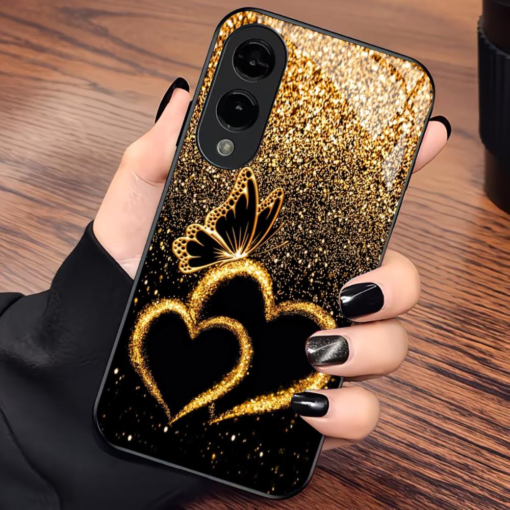 Gold Dust Love Butterfly PhoneCase Glass PhoneCase for Samsung Galaxy S26 S25 S24 S23 S22 S21 FE Ultra Plus Scratch Proof Smooth
