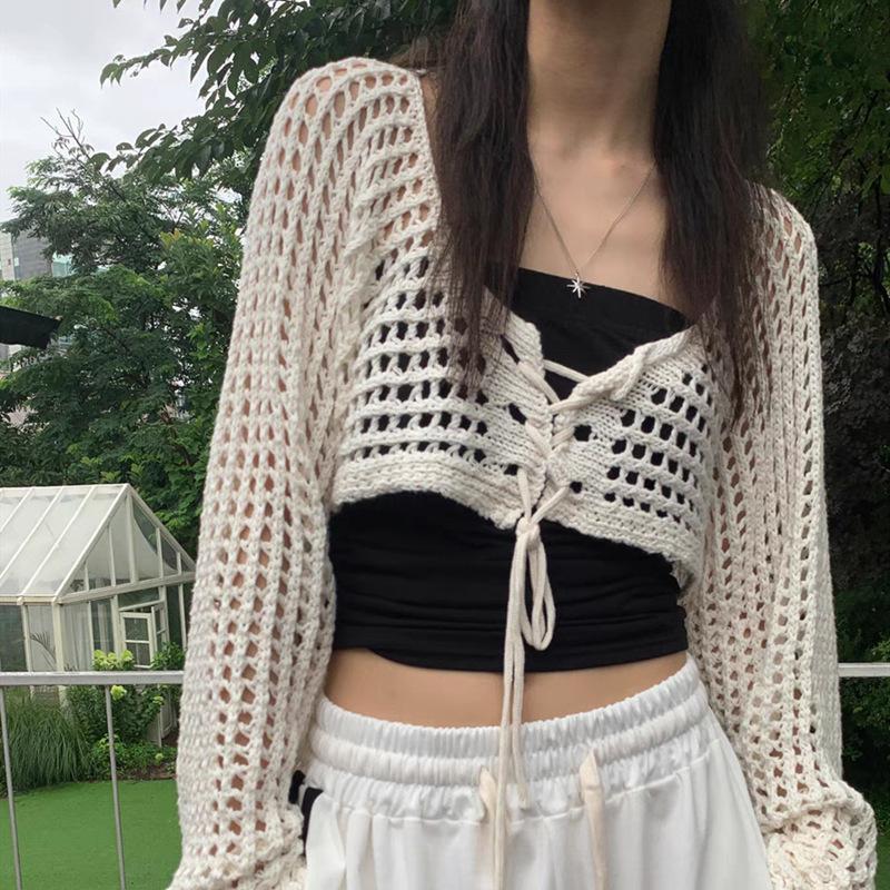 Hollow short knitted sunscreen cardigan women's summer explosion pure lace-up lazy shawl shirt
