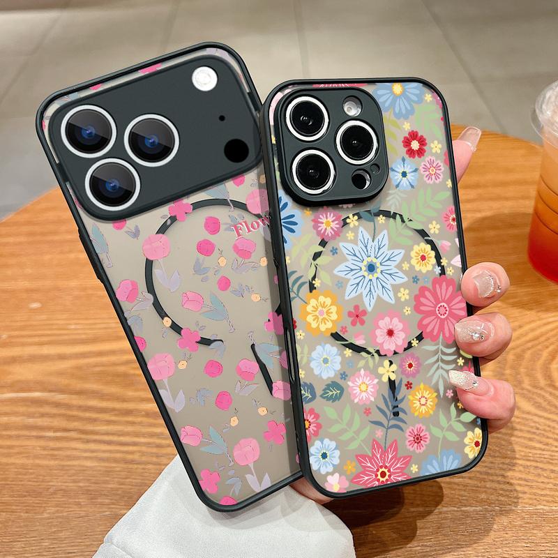 Translucent Matte Magnetic Case For iPhone 17 16 15 Pro 14 13 Pro Max 16e 17e For Magsafe Pink Flower Print Hard PC Back Cover