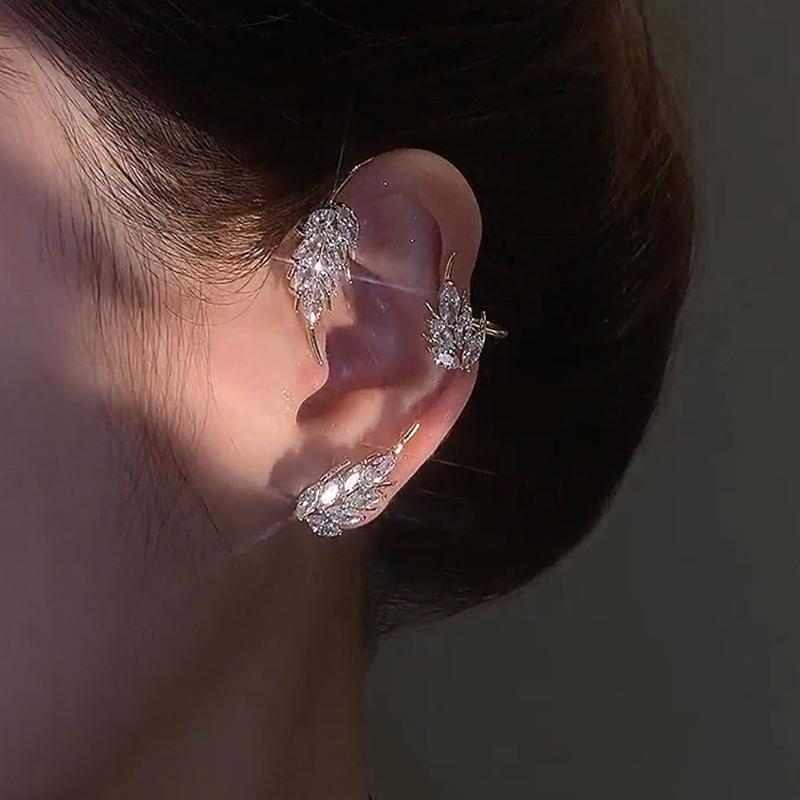

Flash Diamond Leaf Feather Zircon Ear Clip No Ear Hole Tassel Women Ear Hanging Gift Jewelry