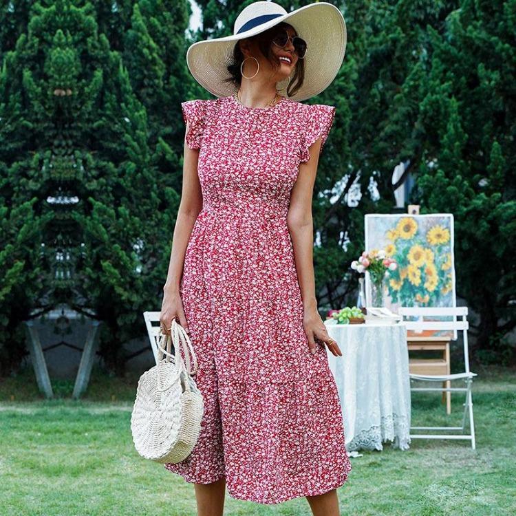 Blue Floral Summer Retro A Line Dress Women Chic High Waist Midi Long Sleeveless O Neck S
