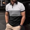 Men's Contrasting Short Sleeved Polo Shirt with Black and White Patchwork Mesh and Striped Lapel Slim Fit Casual Top