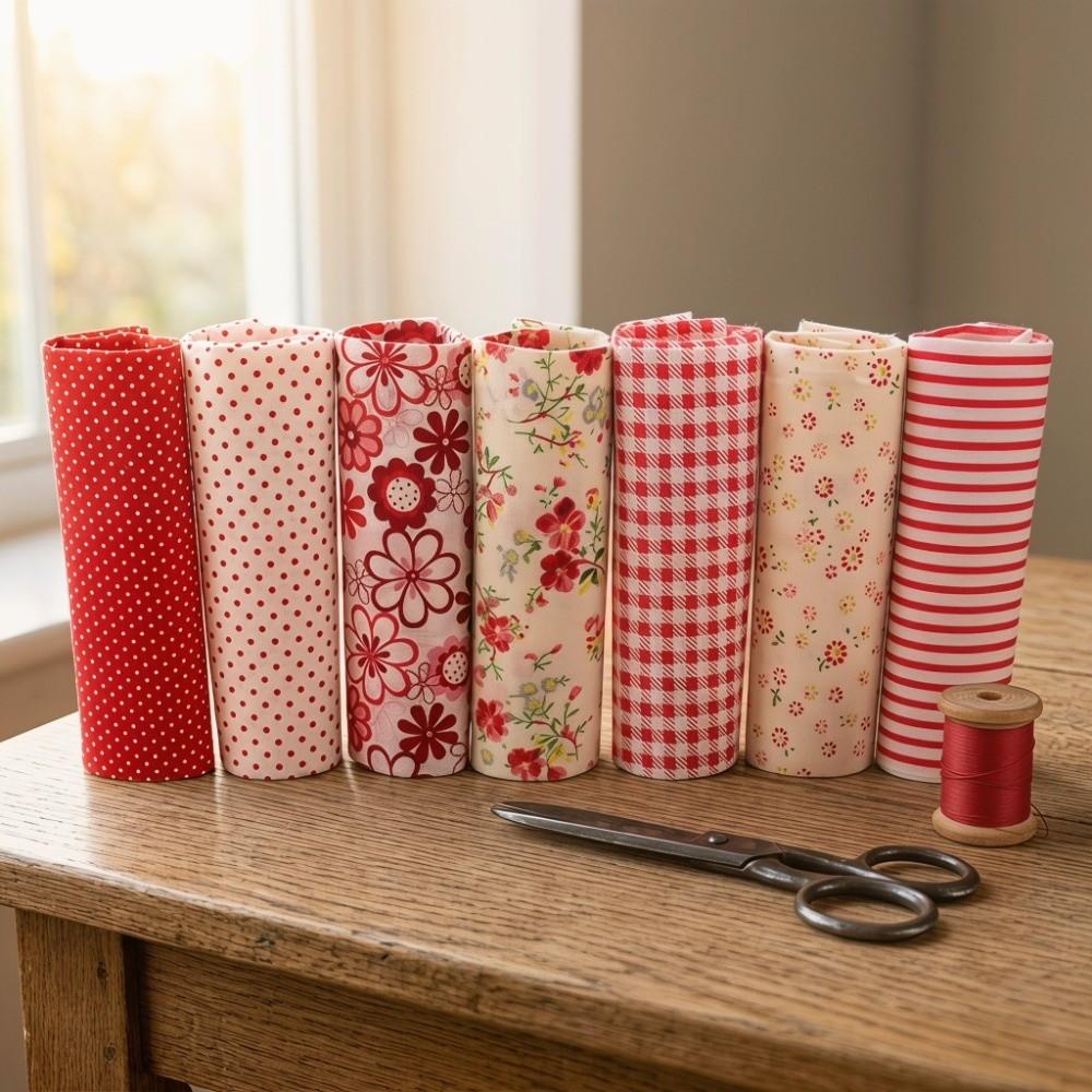 7Pcs Red floral pattern Patchwork Fabric 7 pieces per set Pre-cut Cloth Fabric art production