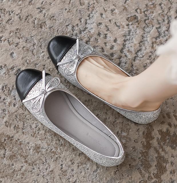 

Модные балетки смешанных цветов с серебристым бантом, женские блестящие балетки с пайетками, женские лоферы на мягкой подошве для повседневной носки, женские туфли-балетки 39 серебряный