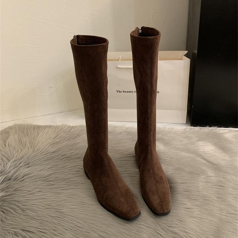 Mote Vinter Vintage Slanke Dame Knehøye Støvletter Designer Tykke Hæler Sko Moderne Lange Støvletter For Kvinner