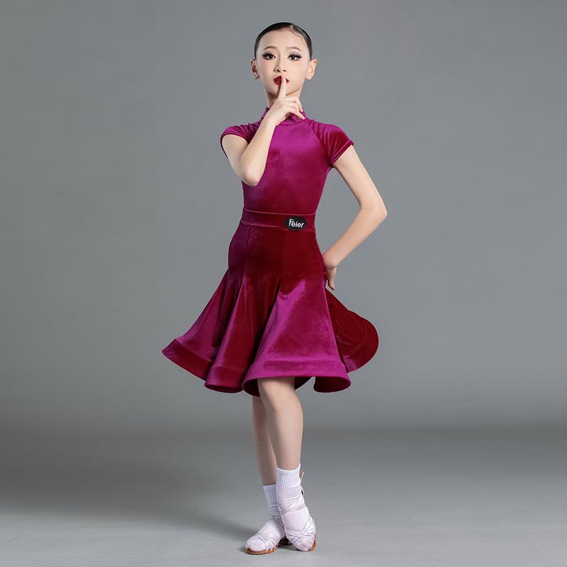 Girls' Latin Dance Velvet Competition Dress - 2025 New Style, Short-Sleeved Summer Design