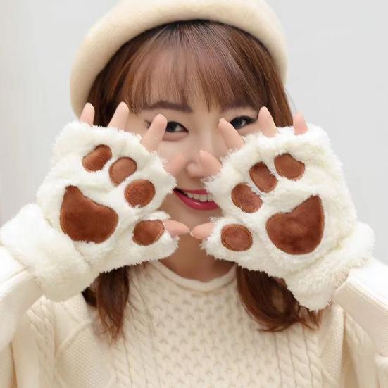 Women Cat Paw Gloves Cute Fuzzy Warm Half Finger Gloves Winter Plush Animal Paw Gloves for Girls Teens Cosplay Costume Parties Daily Wear