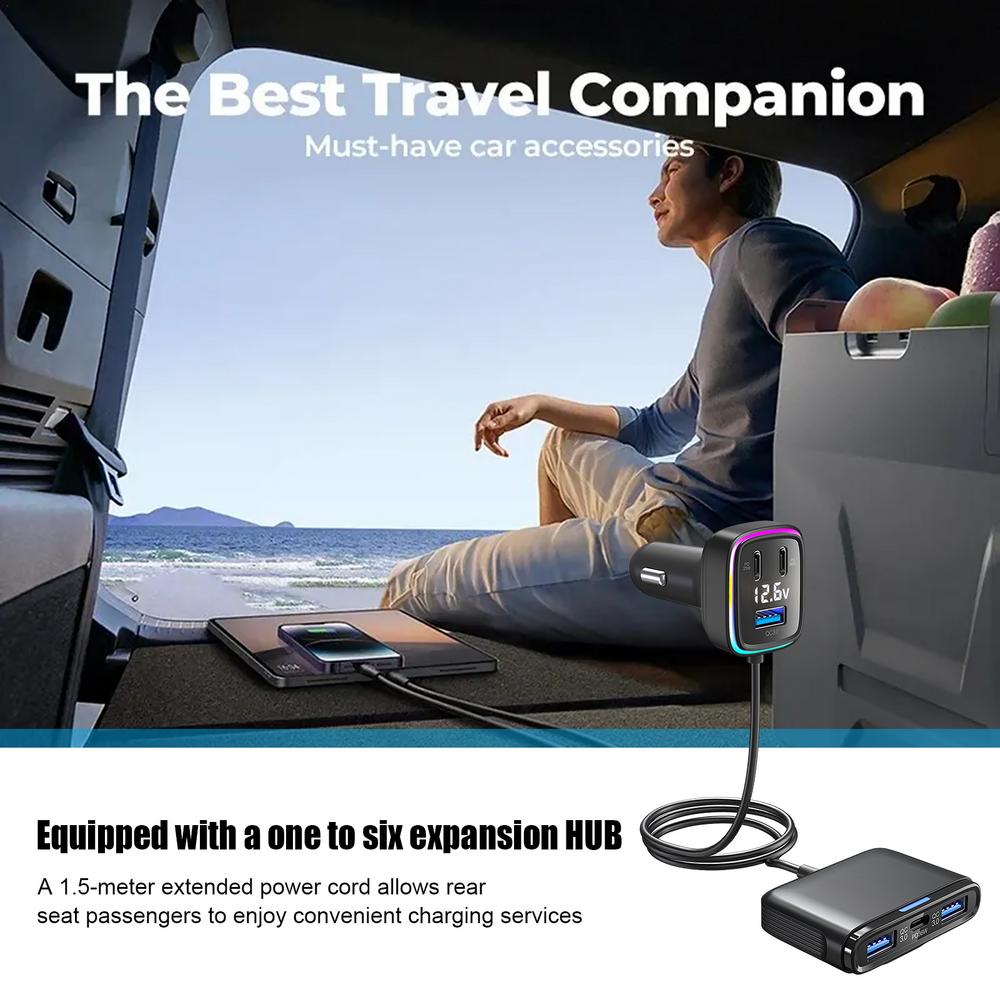 Car USB Charger Multiport Multiport USB C Car Charger 6 Port Car Phone Charger Adapter with Voltage Display 1.5m/4.92Ft